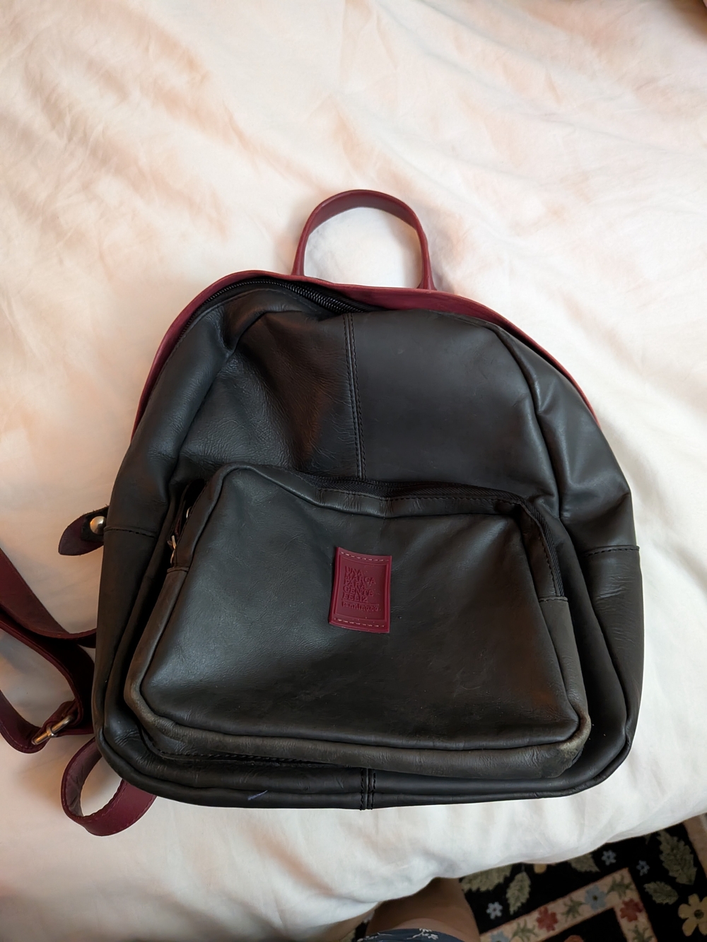 Small Leather Backpack with Burgundy Trim - Unbranded